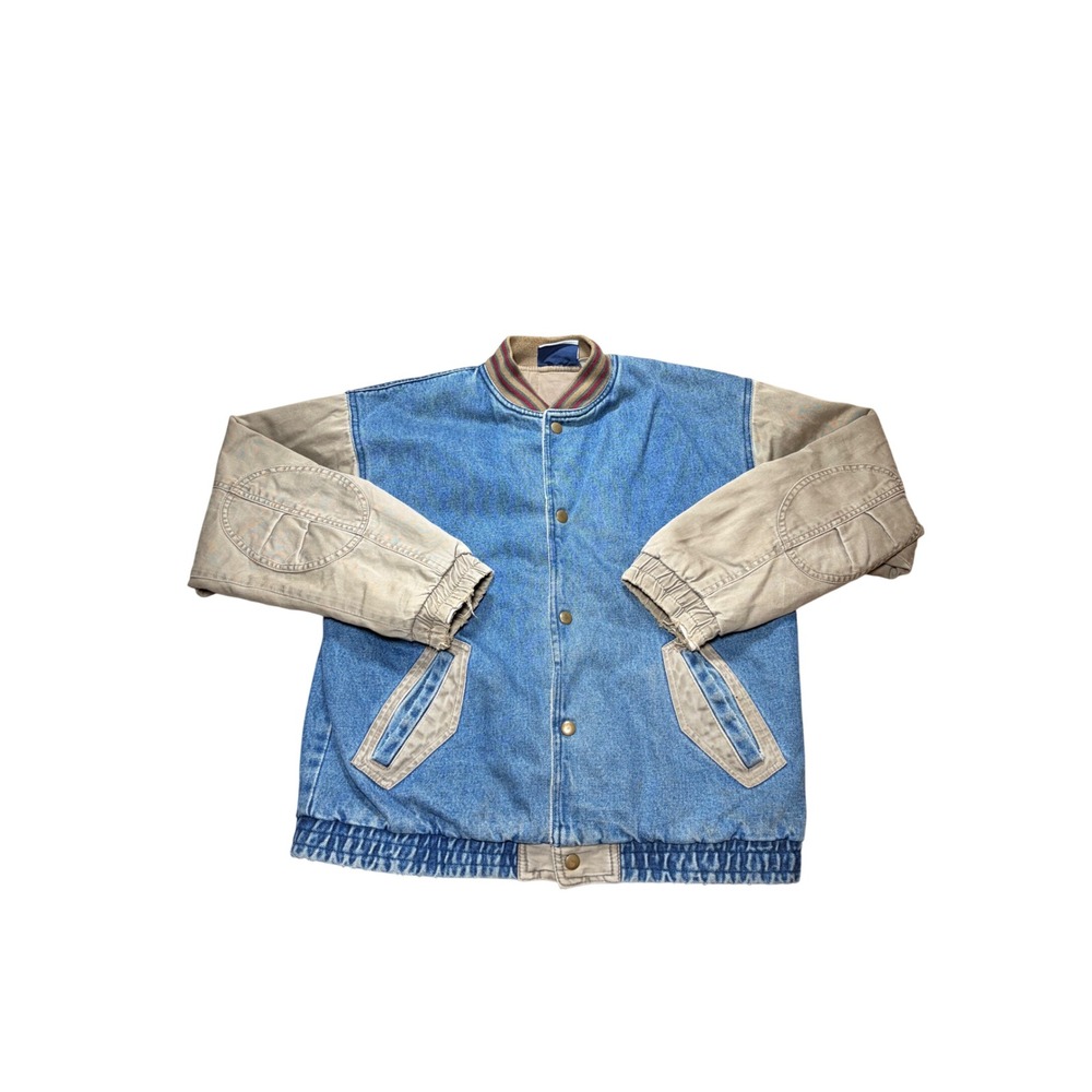 Vintage 955 Originals Denim Varsity Jacket Mens Large Blue Tan Mixed Media